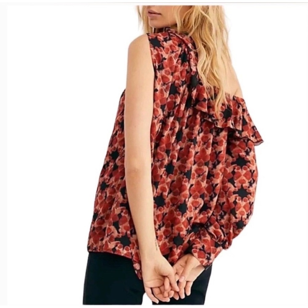 Free People One Shoulder Ruffle Floral Blouse Red Black XS OB971954